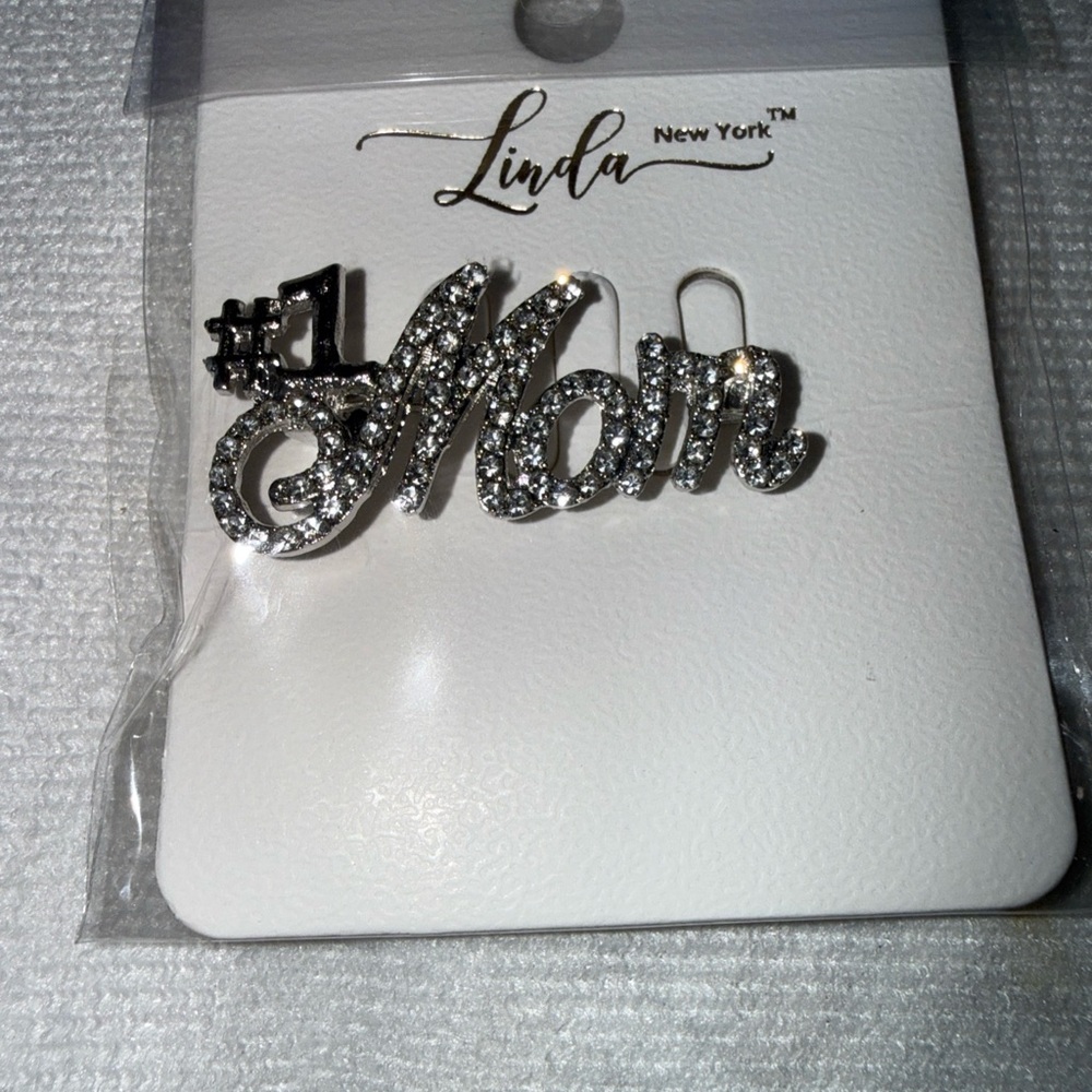 "#1 Mom" Rhinestone Brooch- Silver